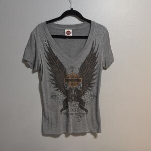 Harley-Davidson Gray V-Neck Tee with Winged Emblem